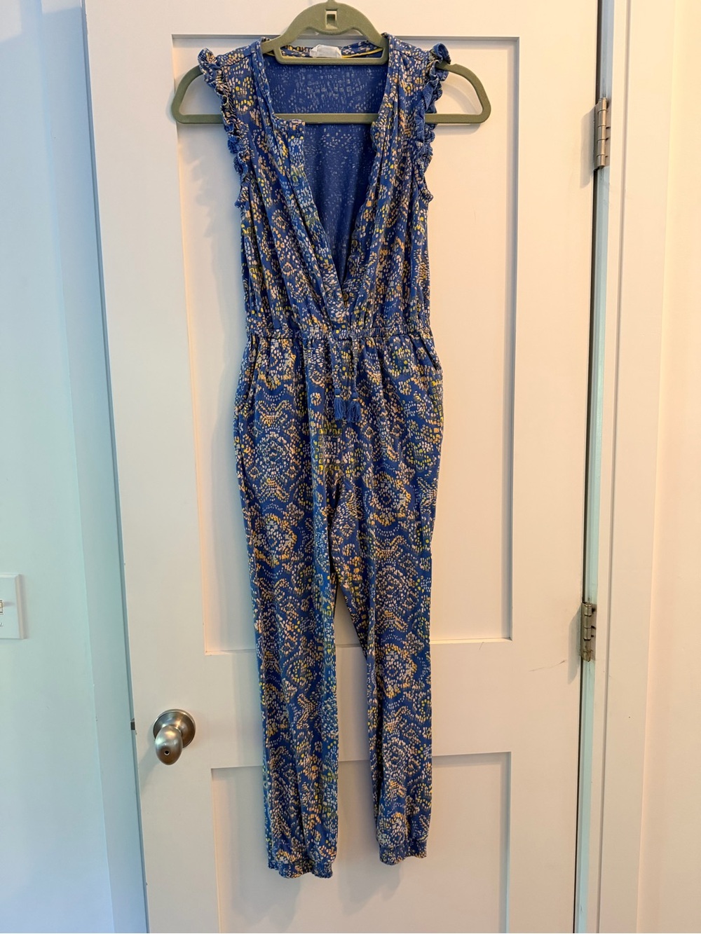 Fat Face Blue Printed Sleeveless V-Neck Jumpsuit with Ruffle Shoulders